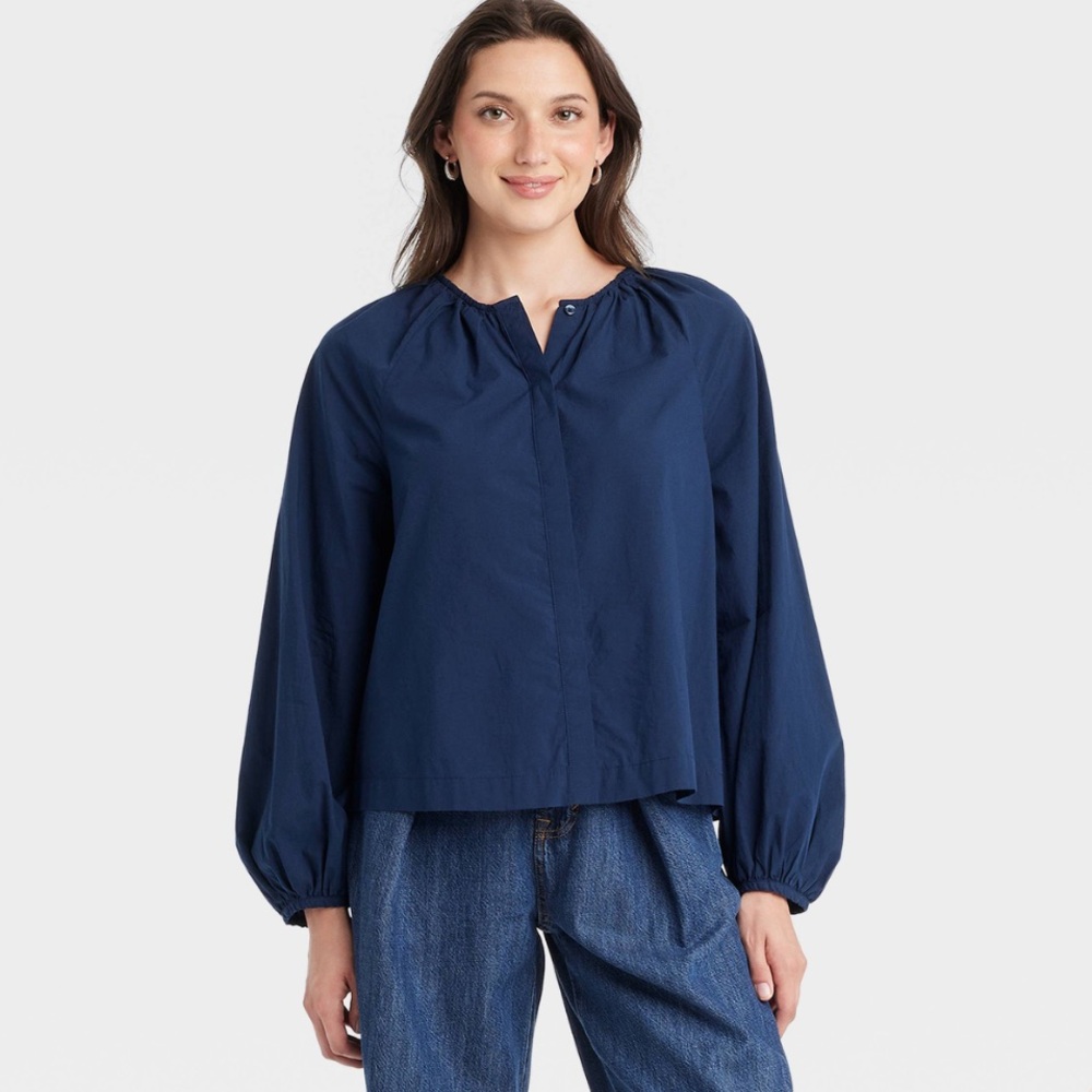 NWT Universal Thread Top Blouse Balloon Long Sleeve Round Neck Cotton Navy Sz M